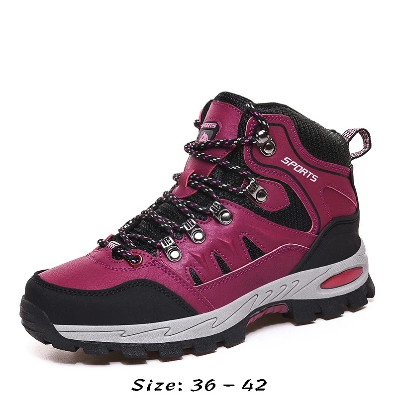 High quality short leather boots for women new 2023 autumn size 41 42 hiking outdoor mountain walking shoe - black red