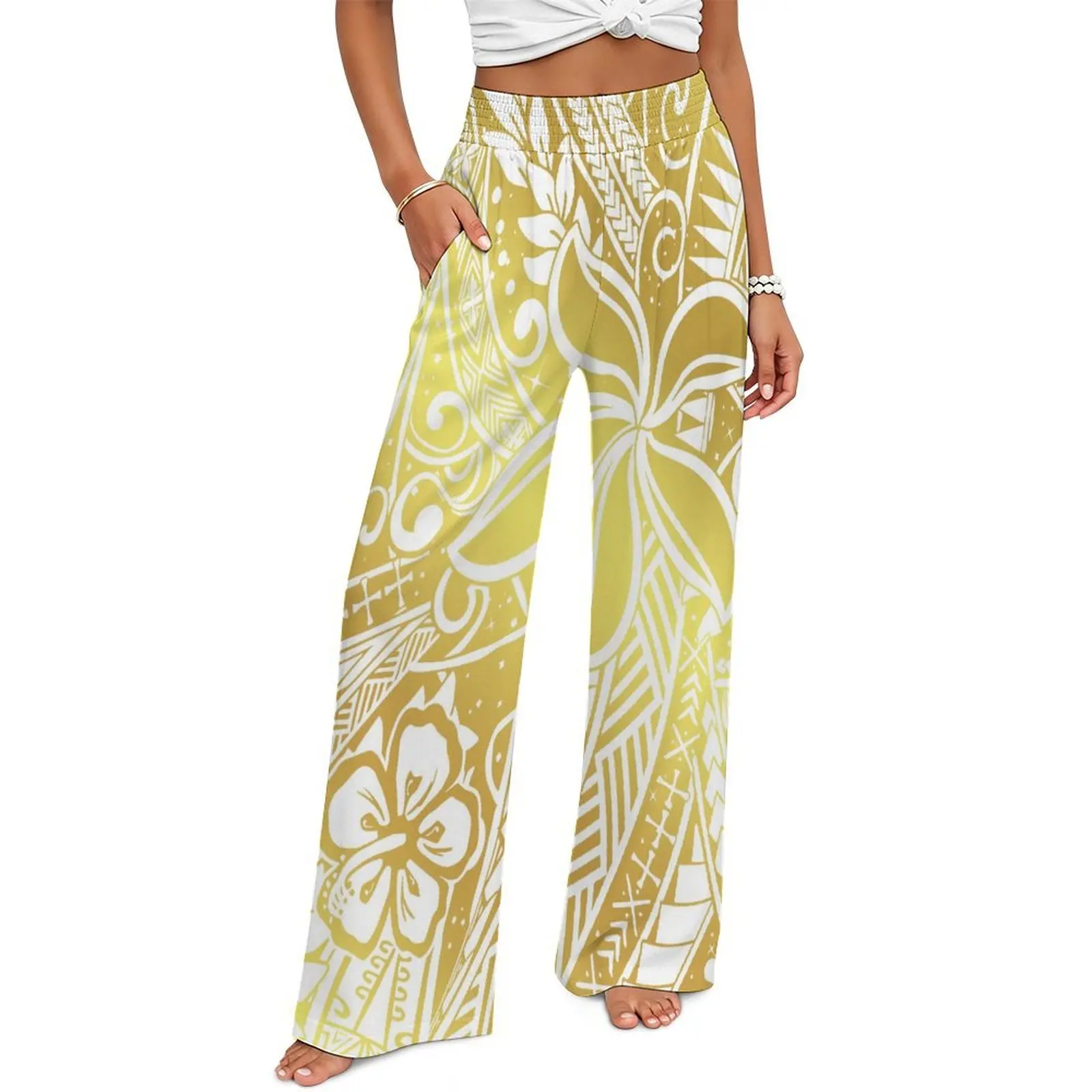 Summer Custom Women'S Casual Wide-Leg Pants With Round Neck And Large Size Long Pants With Malinija Samoa Print In Large Size