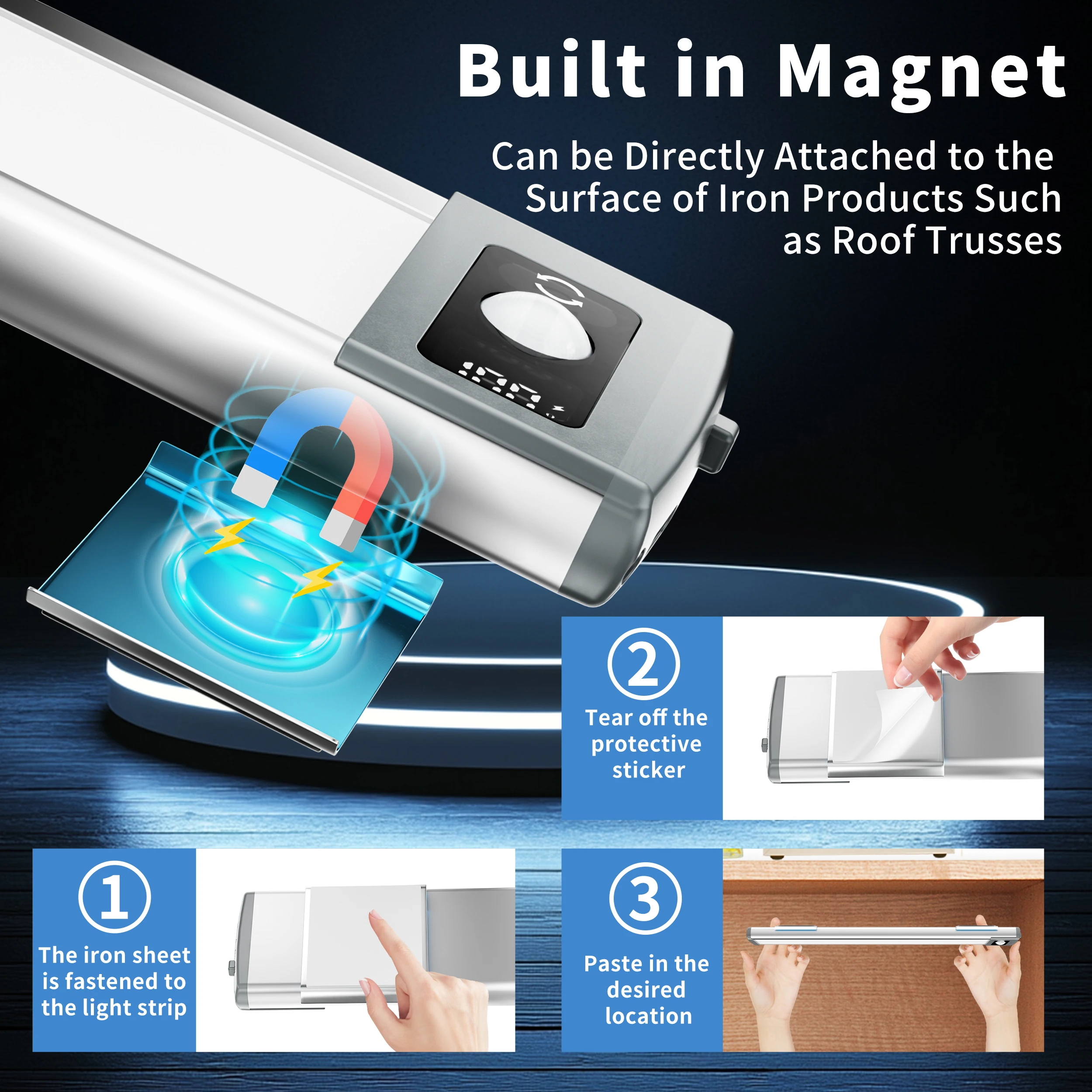 2Pcs 68Led Motion Sensor Light, Magnetic Cabinet Light, Three-Color Dimming, Touch Control, Battery Digital Display, USB Charging, Suitable for Kitchen, Bedroom, Etc