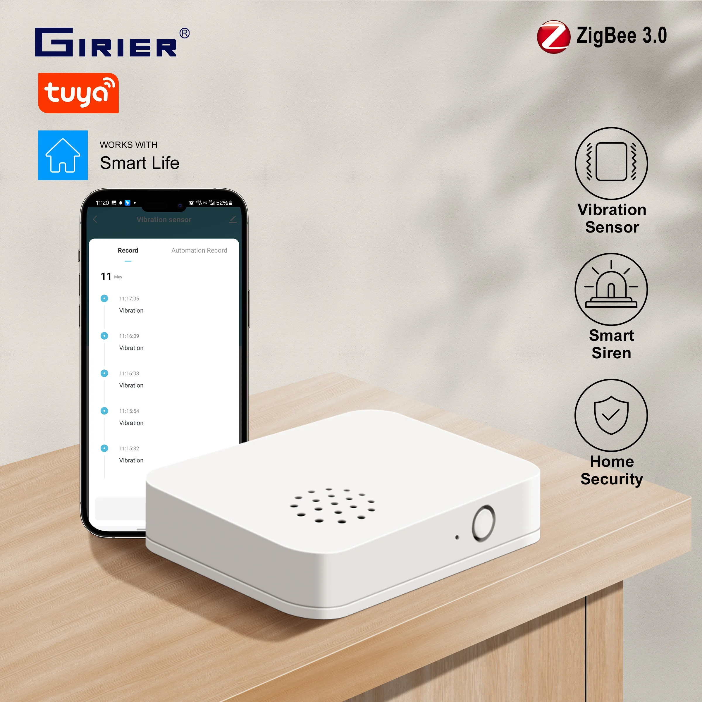 GIRIER Tuya ZigBee Smart Vibration Sensor Wireless Glass Break/Drop/Tilt Detector Built-in Smart Siren Alarm for Home Security