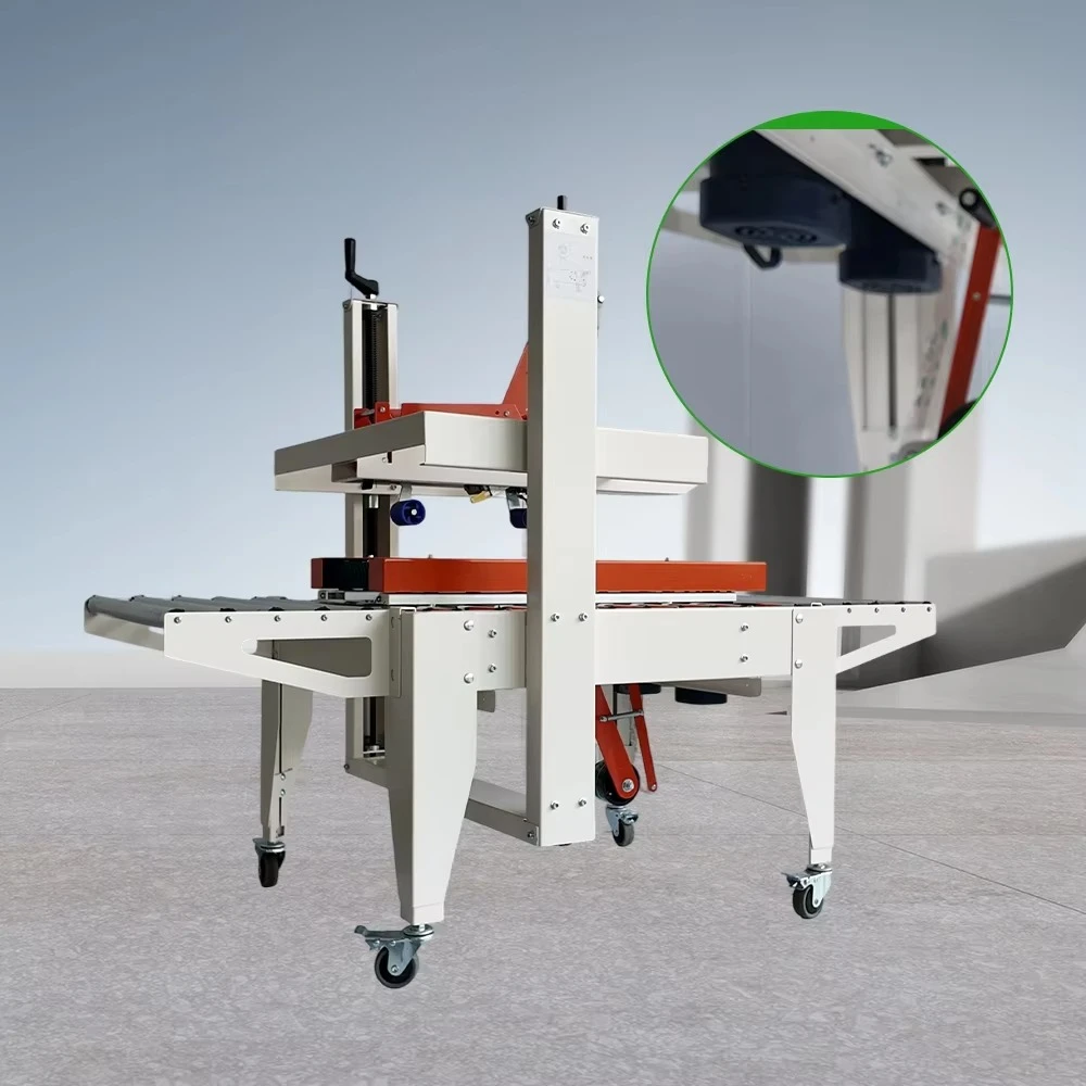 

High-speed Sealing Machine For Many Different Sizes Of Cartons With Rail Conveyor Top And Bottom Tape Sealing Machine