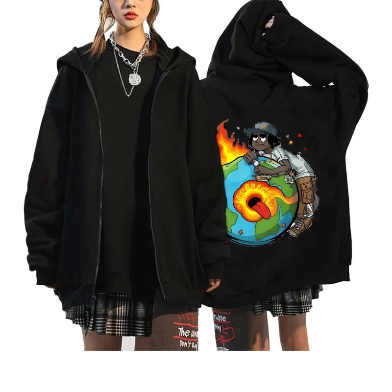 

Мужская куртка с капюшоном, черная повседневная уличная одежда с принтом Earth Fire, уличная модная толстовка