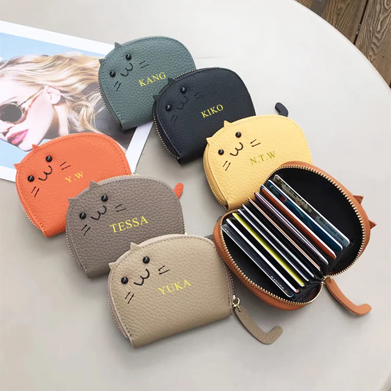 Cute Cat Real Leather Card Wallet Custom Letters Portable Fashion Korean Style Coin Purse Woman Lovely Casual Card Holder Gift