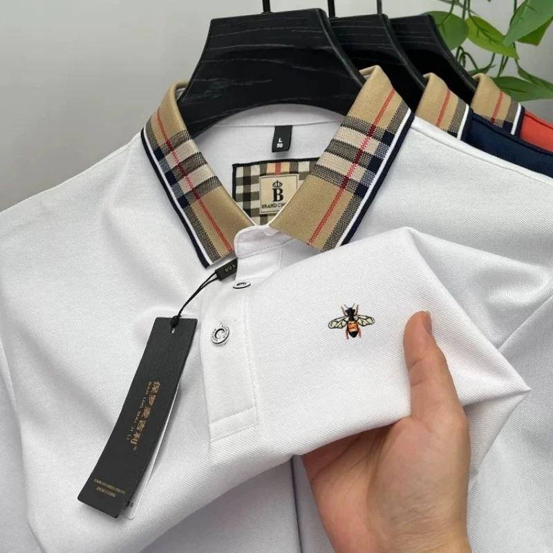 

Модная пчелиная вышивка короткими рукавами мужская polo рубашка дизайнерская марка высококачественная воздухопроницаемая шелковая хлопчатобумажная футболка летняя новая пункт отдых топы