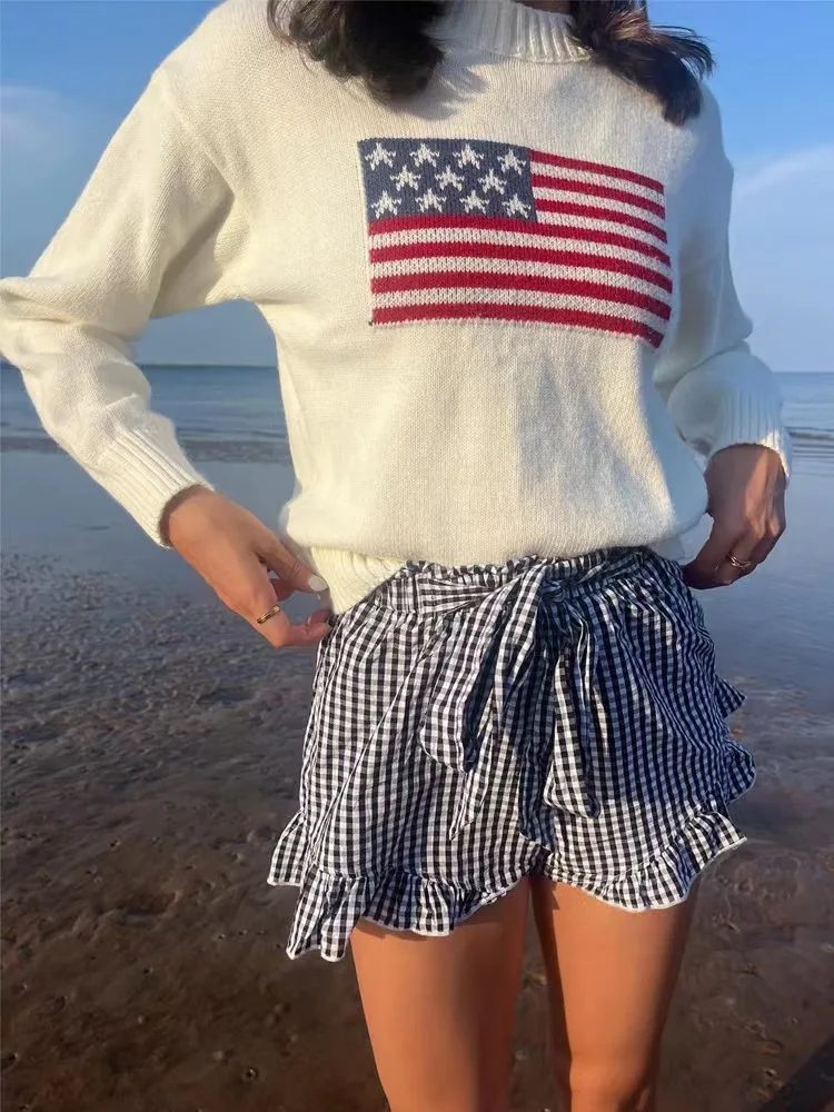 Sweater Aesthetics Long Sleeve Sweaters Oversize Pullover Tops Clothes Y2K Women Winter Vintage Ladies Luxury American Flag Knit