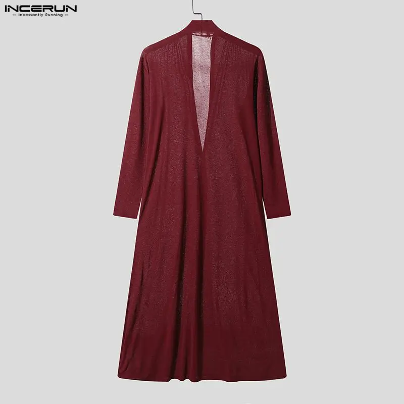 INCERUN Мужская длинная стильная рубашка с однотонным v-образным вырезом и длинным рукавом, повседневная мужская одежда, уличная одежда, свободные модные рубашки на одной пуговице, мужские рубашки