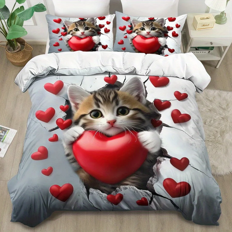 Valentine's Day Bedding Set  Romantic Cat Breathable Duvet Cover  Set King Queen Twin Single Size for Anniversary Gift for home