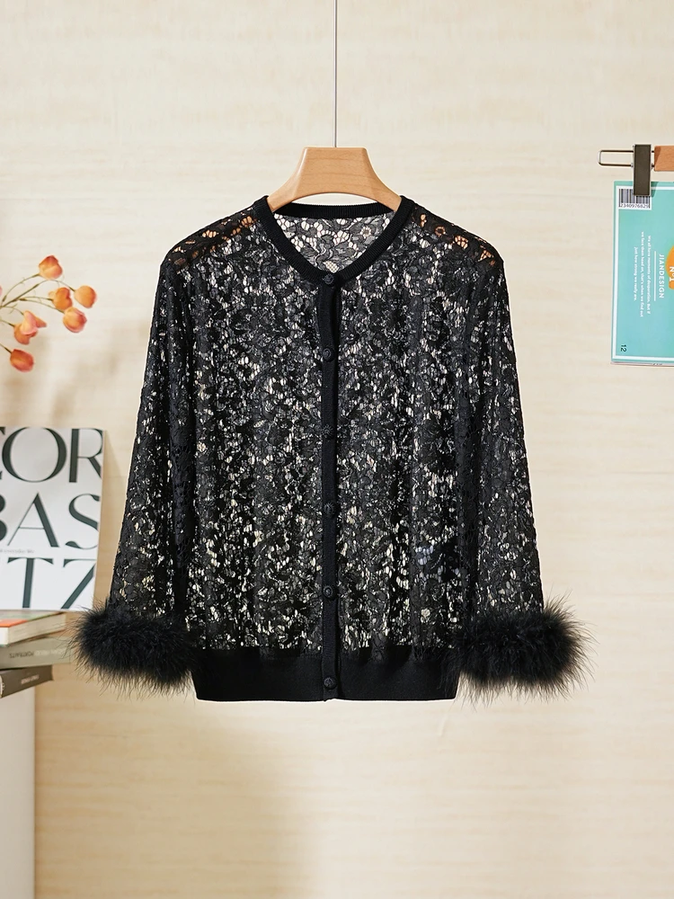 

YongLeap Sexy Early Spring New Lace See-tough round Ne Sve Turkey Feathers Women's Top Cotton Blend Fabric Long Sve