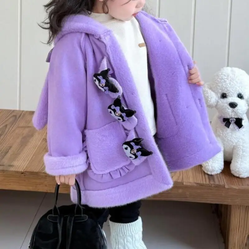 

Hot Sanrio Girl Coat Hello Kitty Kawaii Anime Winter Thicken Keep Warm Student Hooded Mid-Length Tops Children's Clothing New