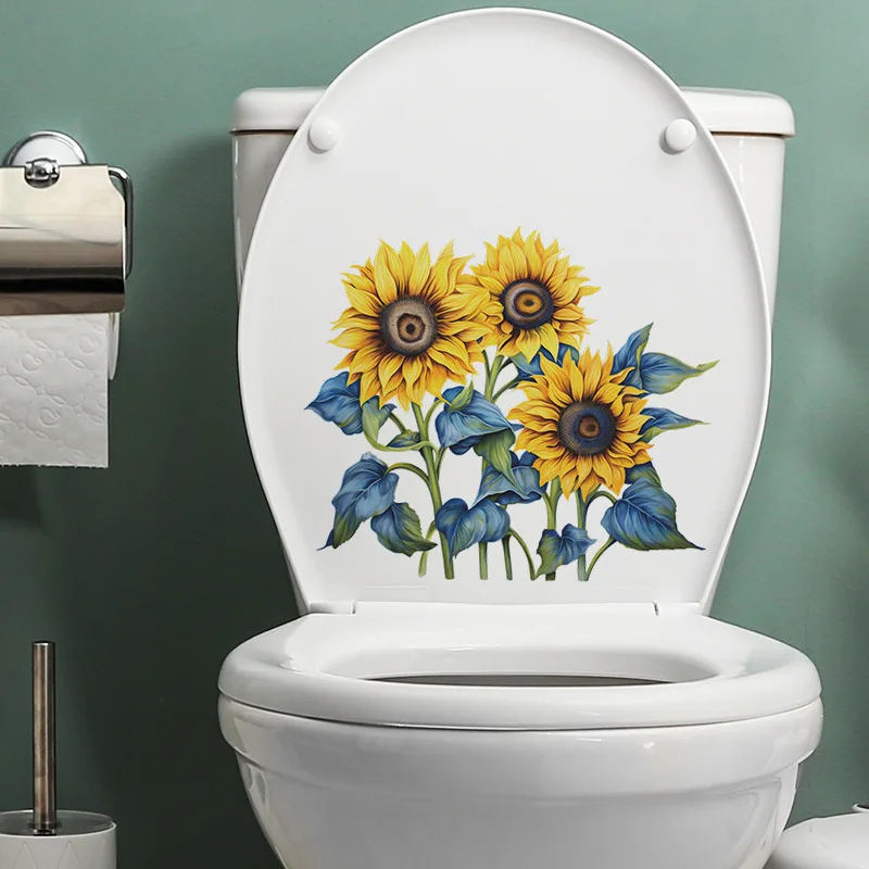 Sun Flower Toilet Seat Stickers Grass Self-Adhesive DIY PVC Bathroom Decals For Bathroom Cistern Restroom Power Decor