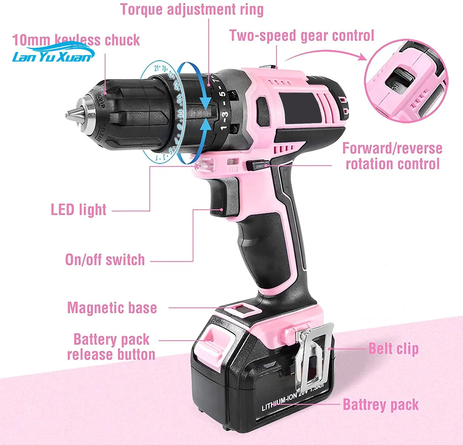 Best 340W 16.8V Lithium Pink Lightweight Cordless Power Impact Drill Driver Tool Set for Women/Ladies