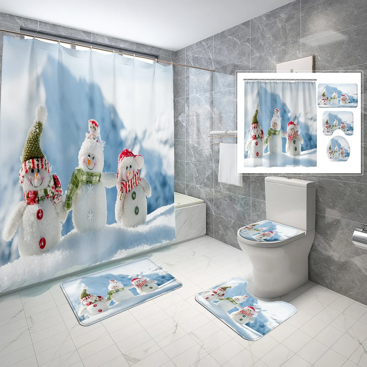 

4-Piece Set Merry Christmas Shower Curtain with Non-Slip Rug,Toilet Lid Cover Waterproof Bath Curtain with Hooks Christmas Decor