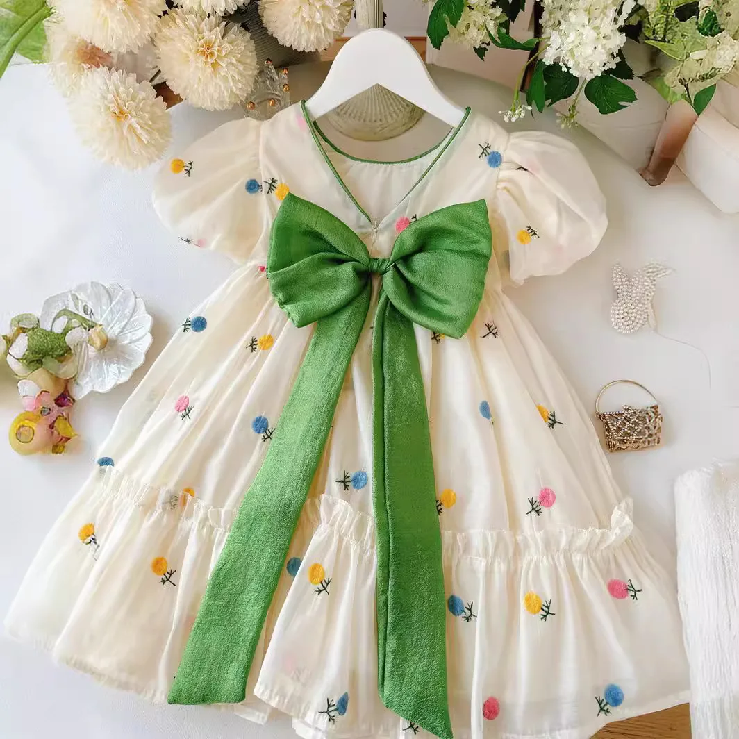 Girls Dress Summer 2024 New Girl Princess Dress Bow Childrens Dress Baby Flower Clothes Princess Skirt for Girls