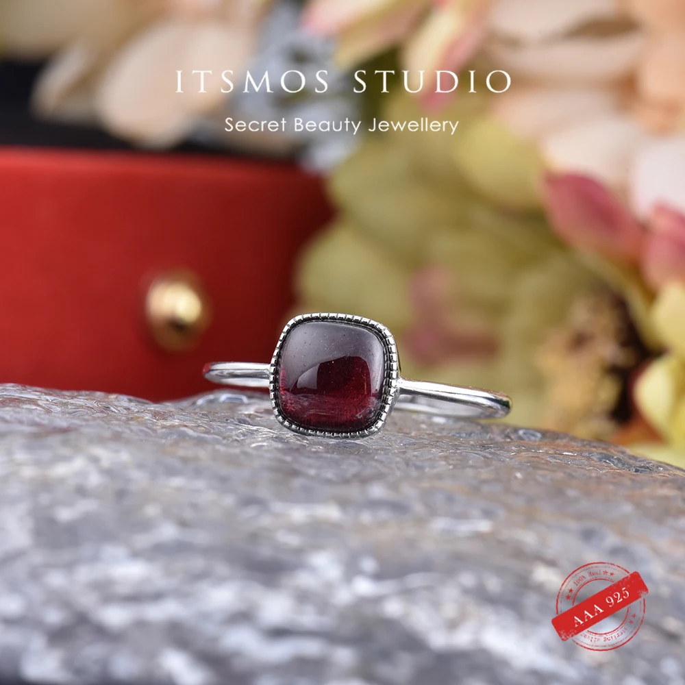 ITSMOS Square Garnet Rings Birthstone Gemstones s925 Sterling Silver Stackable Solitaire Ring Jewelry Birthday Gifts for Women