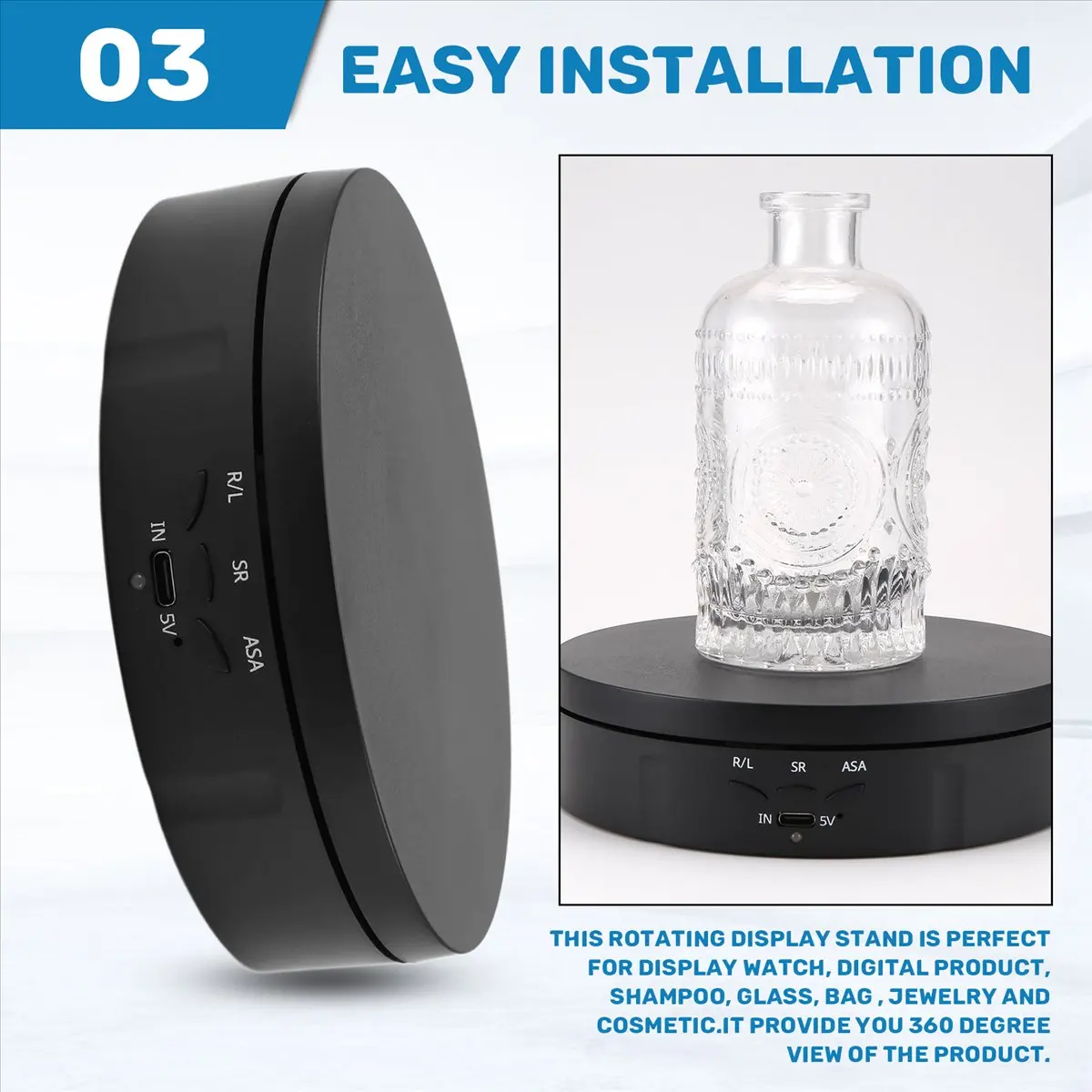 AA83 Motorized Rotating Display Stand, 360 Degree Photography Turntable with 6 PVC Backgrounds,Battery/USB Power Supply Black
