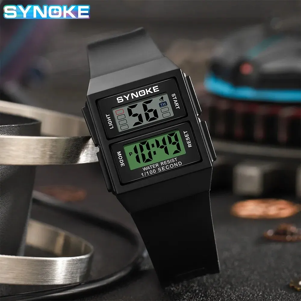 SYNOKE Student Rectangular Sports Electronic Watch Waterproof 50M Night Light Lightweight Design Alarm Clock Trend Retro Style