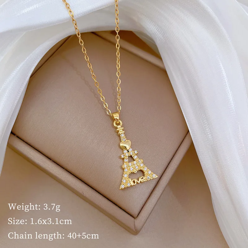 Stainless Steel Chain Fashion Creative Eiffel Tower Necklace Women Girls Shiny Zircon Pendant Accessories Jewelry Gifts