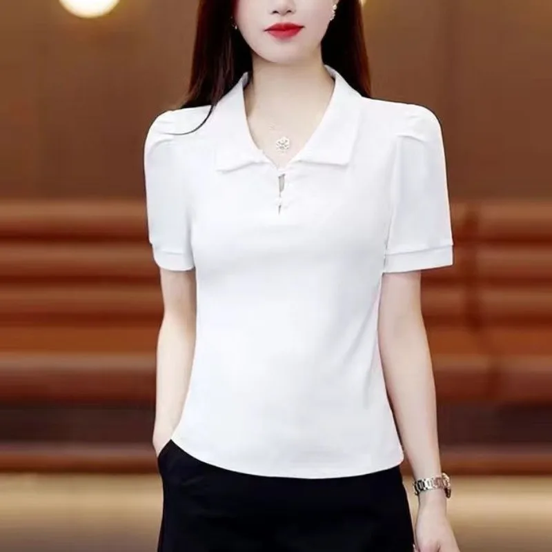 Summer Short Sleeve T-shirts Women\'s 2024 New Fashion Chinese Style Button Lapel Patchwork Pleated Solid Color Polo Shirts Tops