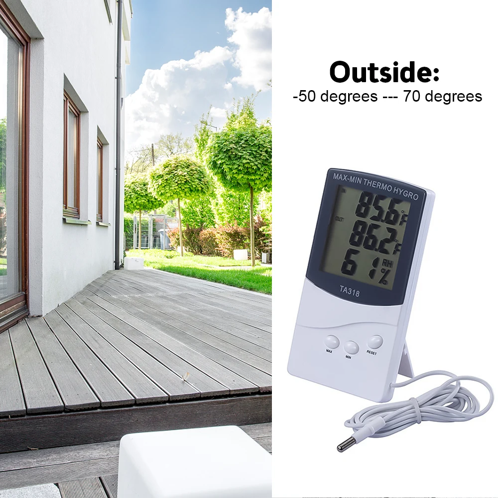 Outdoor Thermometer Hygrometer Large Screen Digital Temperature Humidity Sensor Meter with 1.5m External Probe Temperature Gauge