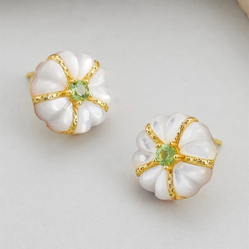 White Mother of Pearl Natural Peridot 925 Sterling Silver Earrings For Women 18K Gold Cute Flower Chic Small Earring 2024 Gift