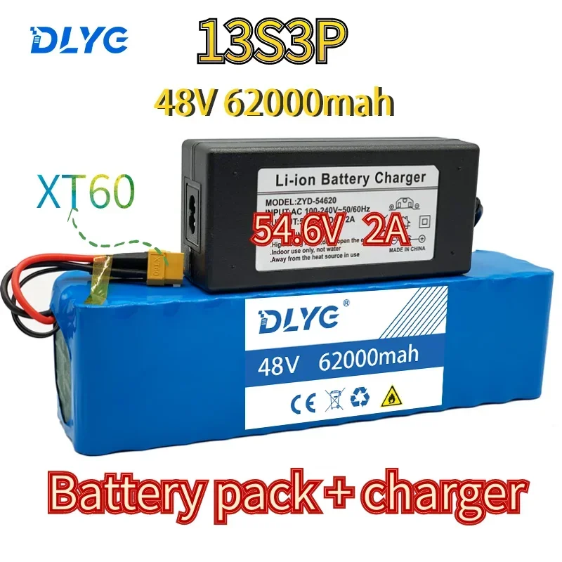 48V Rechargeable Lithium Battery,13S3P 62ah 1000w for Electric Bicycle Scooter, Built-in BMS and 54.6V Charger XT60 T Plug