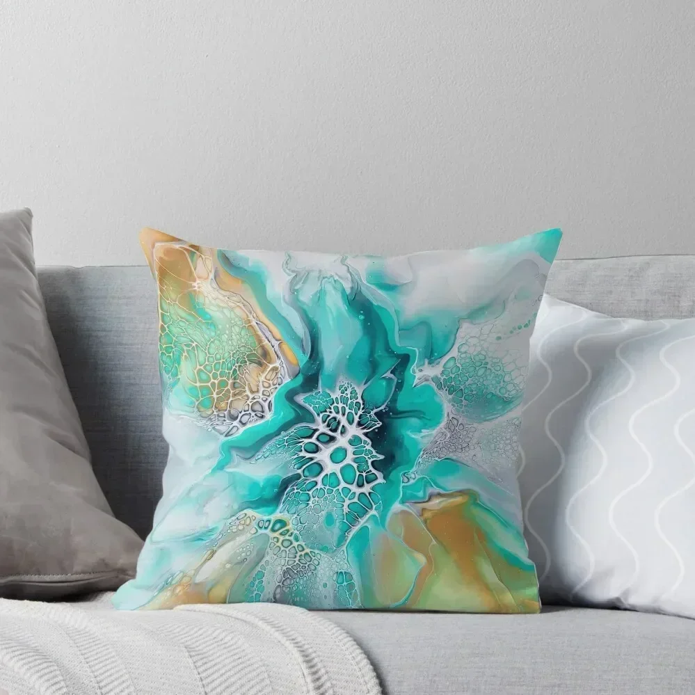 

Green Lagoon Inspired Fluid Pour Art Painting with Gold and Grey Throw Pillow christmas pillowcases pillow