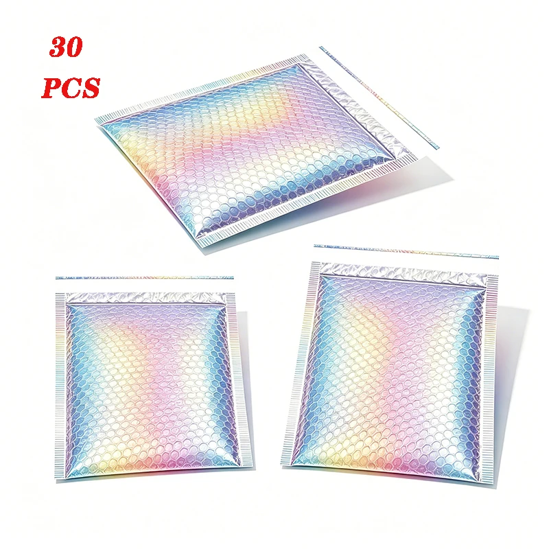 30Pcs Rainbow Holographic Bubble Mailers Self-Adhesive Shiny Padded Envelopes for Shipping Cosmetics And Jewelry