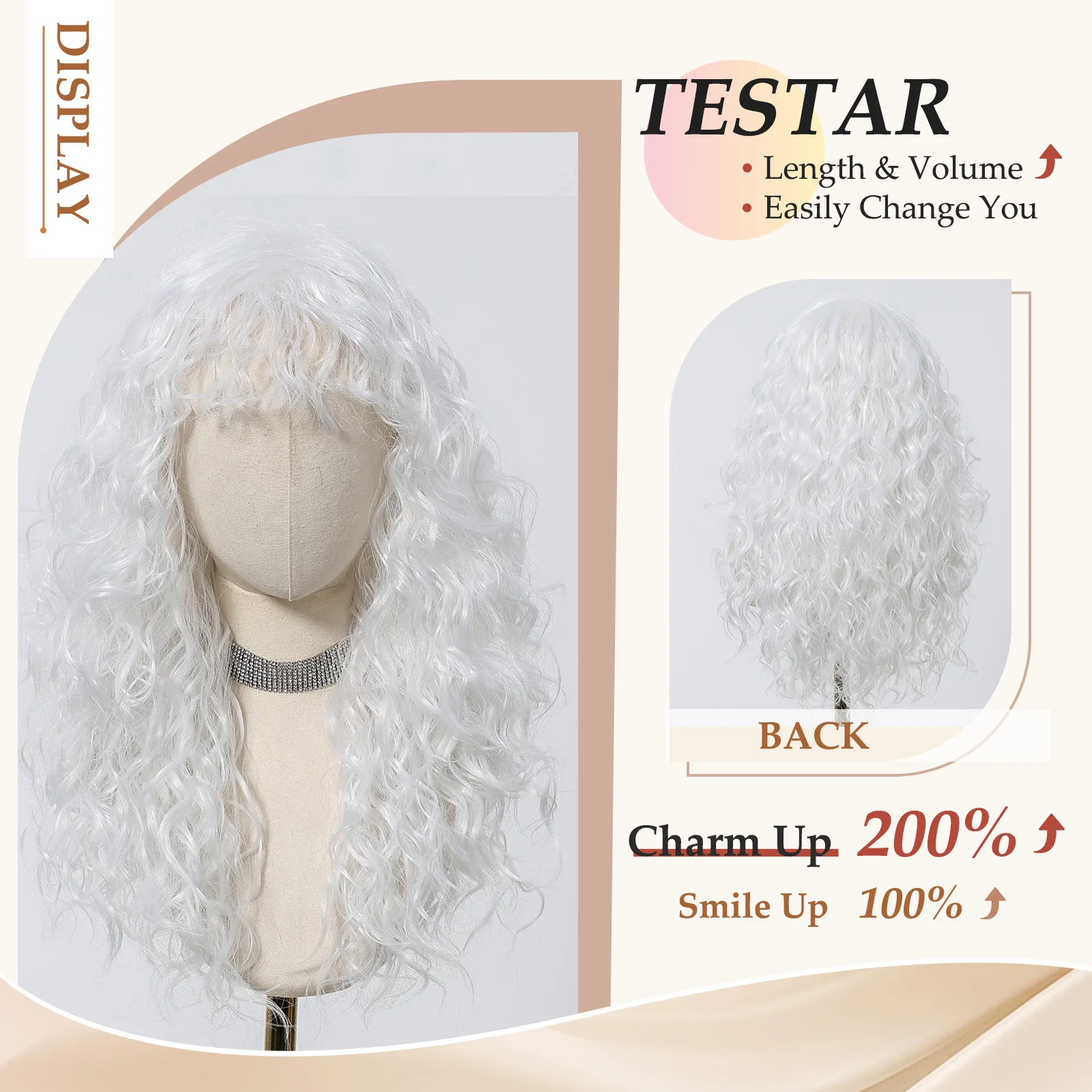 หิมะสีขาววิกผมสังเคราะห์ลอนกับ Curly Bangs หนาแน่นคลื่นลึกวิกผมสําหรับผู้หญิง Christmas Party Cosplay วิกผมทนความร้อน 20 นิ้ว