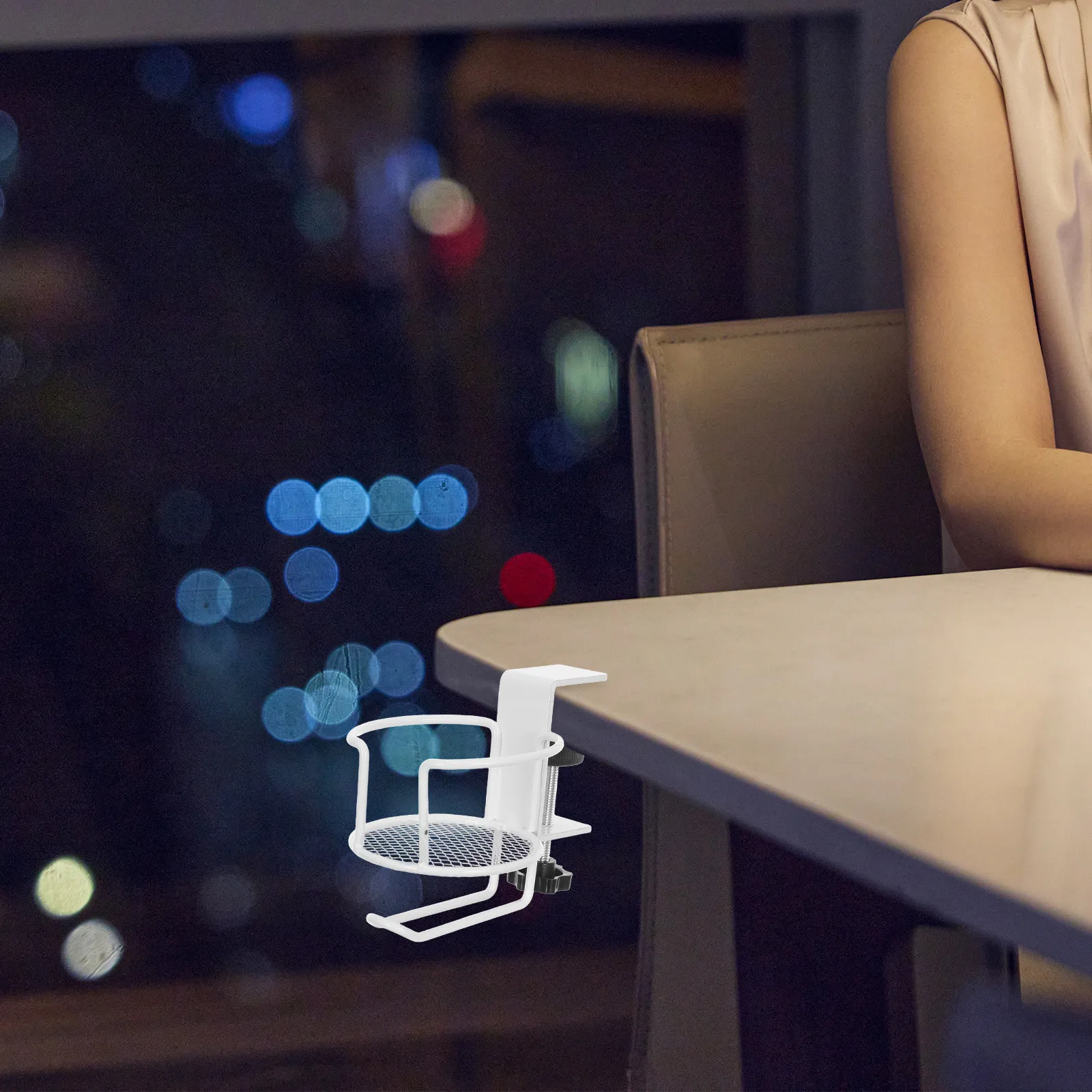 Soporte para tazas con clip para escritorio, organizador metálico antideslizante para borde de mesa, gancho para auriculares, ahorrador de espacio, soporte para bebidas para estaciones de trabajo y gaming.