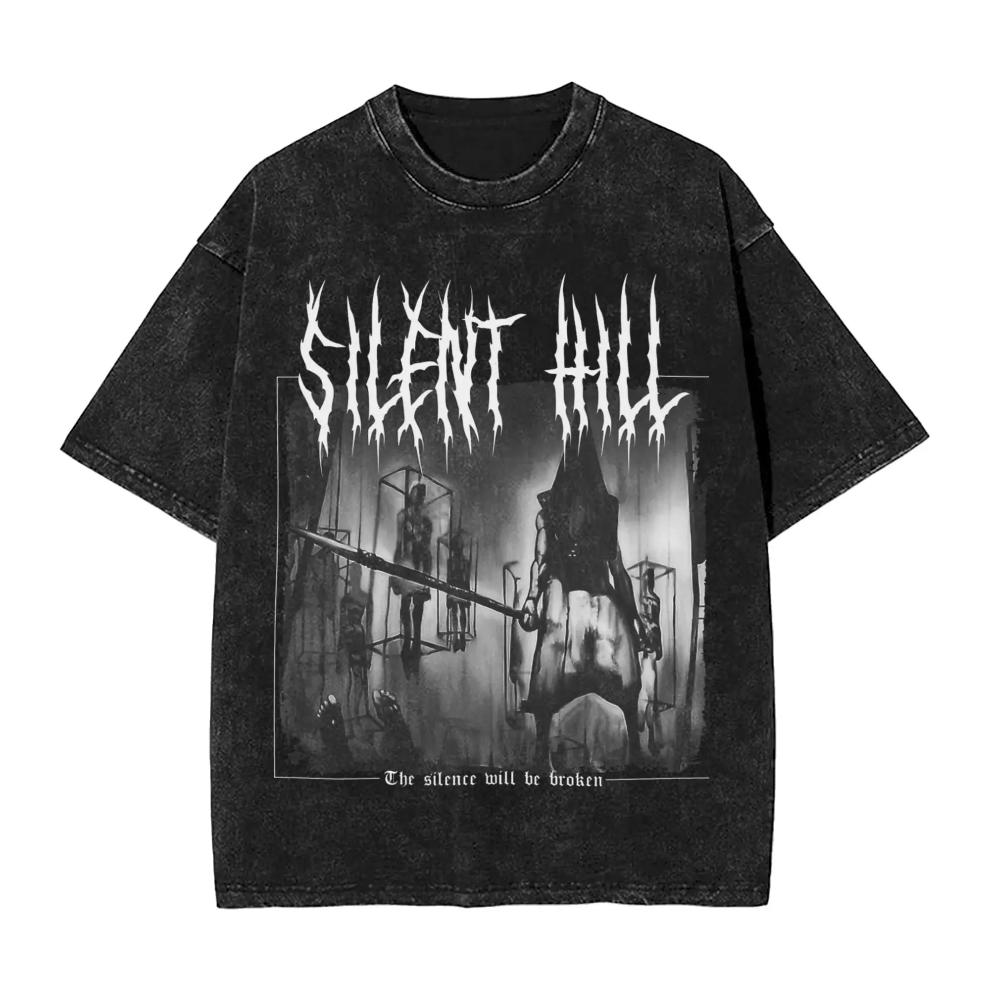 

Silent Hill 2 Horror Metal Art Washed T Shirt Man Vintage Cotton T-Shirts Summer O-Neck Hip Hop Tees Custom DIY Plus Size Tops