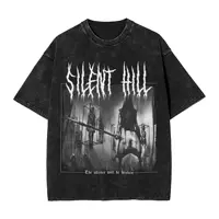 Camiseta lavada con arte metálico de terror de Silent Hill 2, camisetas Vintage de algodón para hombre, camisetas de Hip Hop con cuello redondo, camisetas personalizadas DIY de talla grande