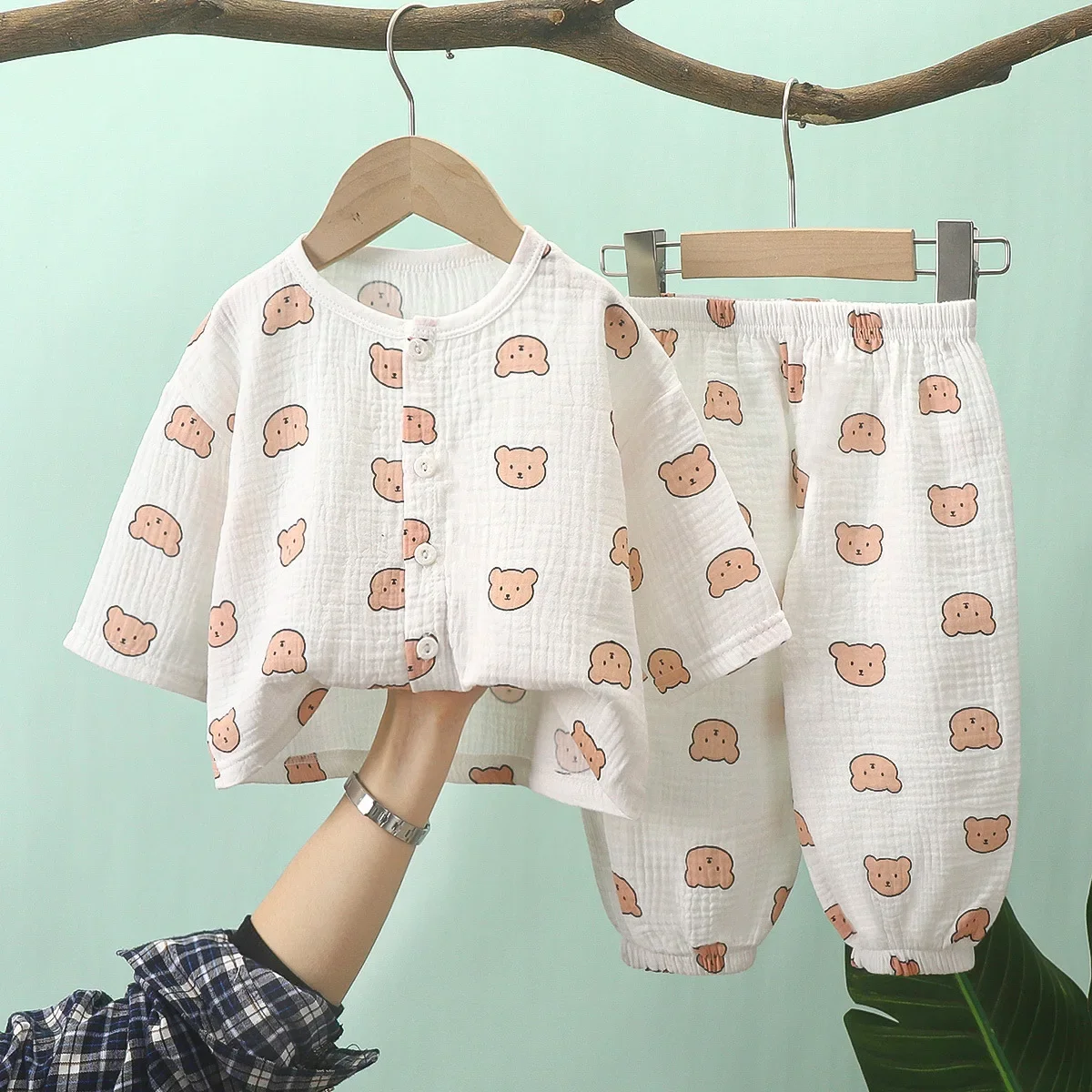 Kids Summer Thin Pajamas New 2025 Boys Girls Cartoon Bear Long Sleeve Tops + Pants Clothing Sets Pyjamas Baby Casual Sleepwear