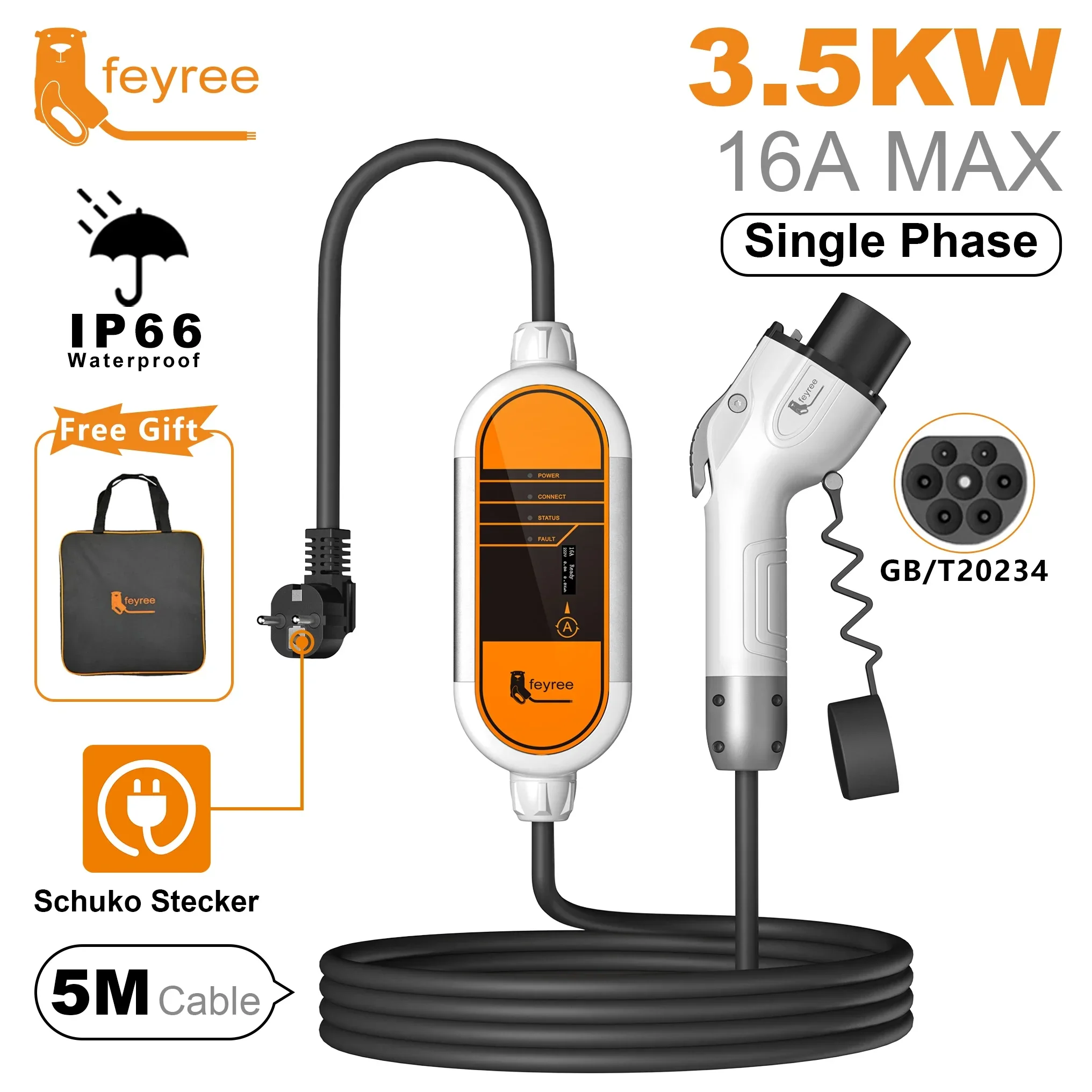 

feyree GB/T Cord EV Charger 16A 3.5KW 1Phase Portable Charger Box Current Adjustable 5M Charging Cable for Electric Vehicle