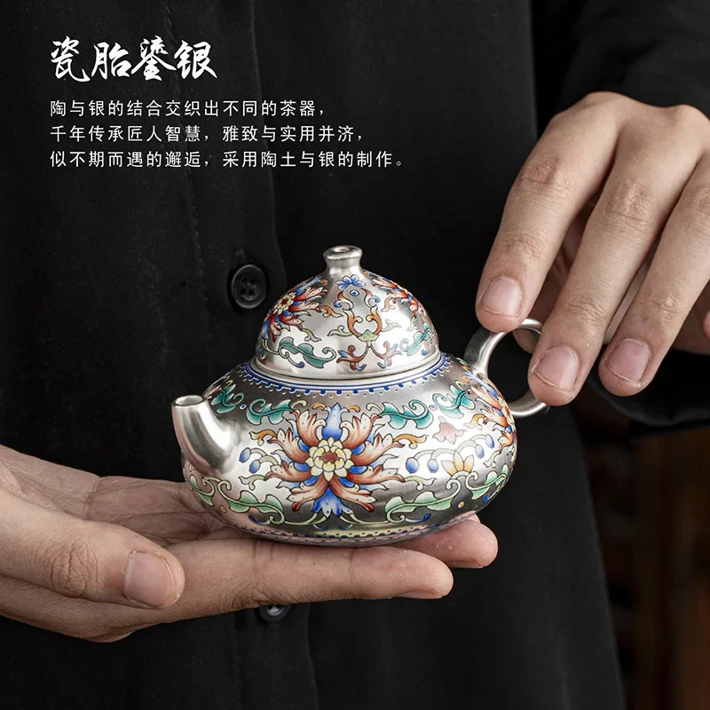 Colorful Teapot Luxury Tea Ceremony Set Accessories Gilt Silver Teapot and Enamel Kung Fu Tea Set One Pot and Four Cups as Gift