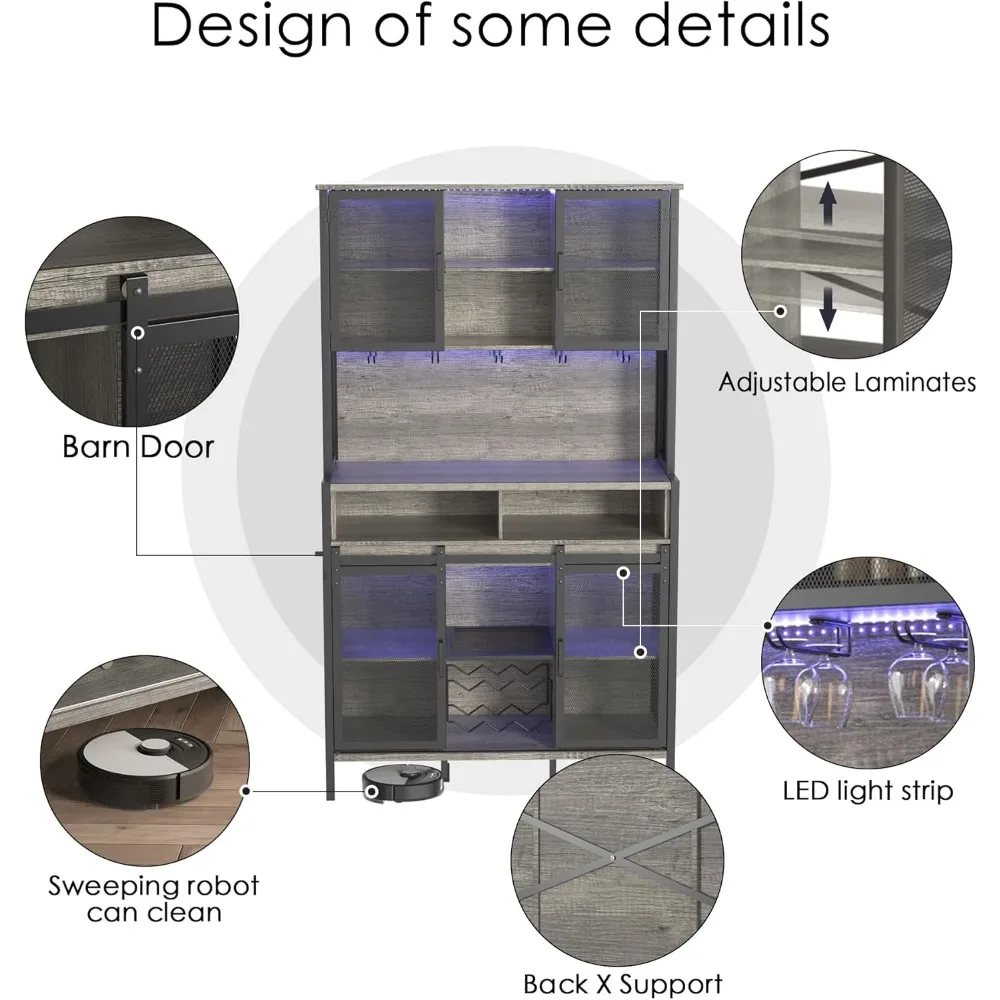 Armoire à café et à vin de 72 po avec porte de grange market, armoire de planche de ferme avec porte-verre T1, armoire de rangement LED