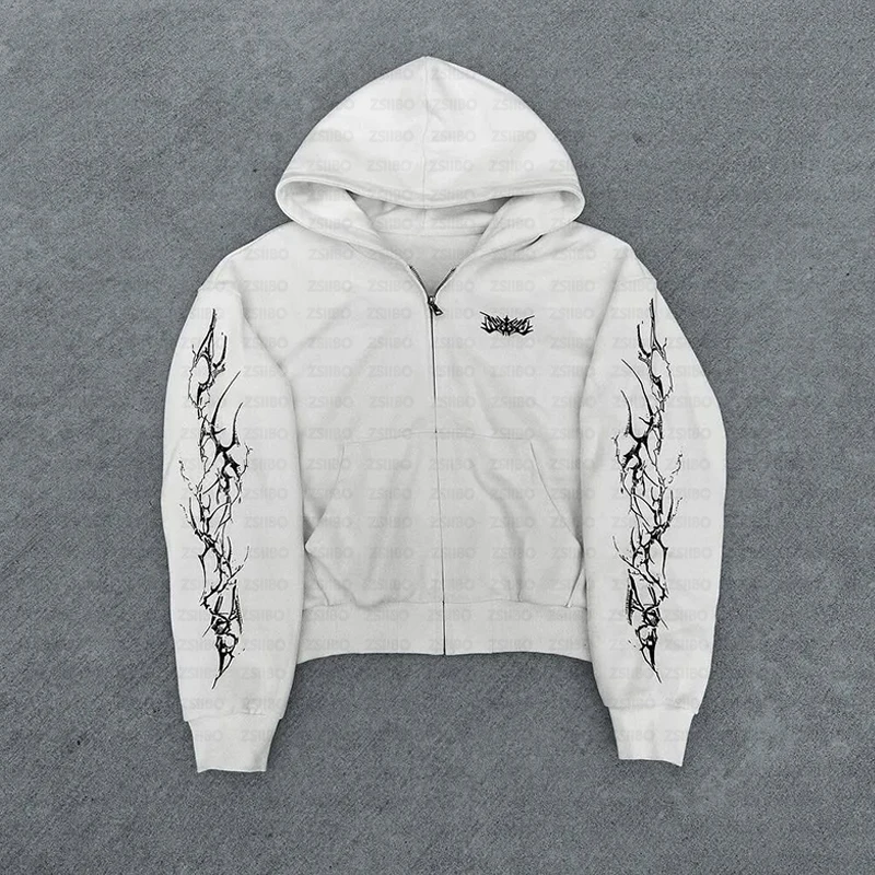 الهيب هوب ريترو الشرير تصميم الاتجاه كول طباعة الشارع الأمريكي النساء الرجال قلنسوة بسحاب كبيرة الحجم فضفاضة طويلة الأكمام سترة 2000S دعوى