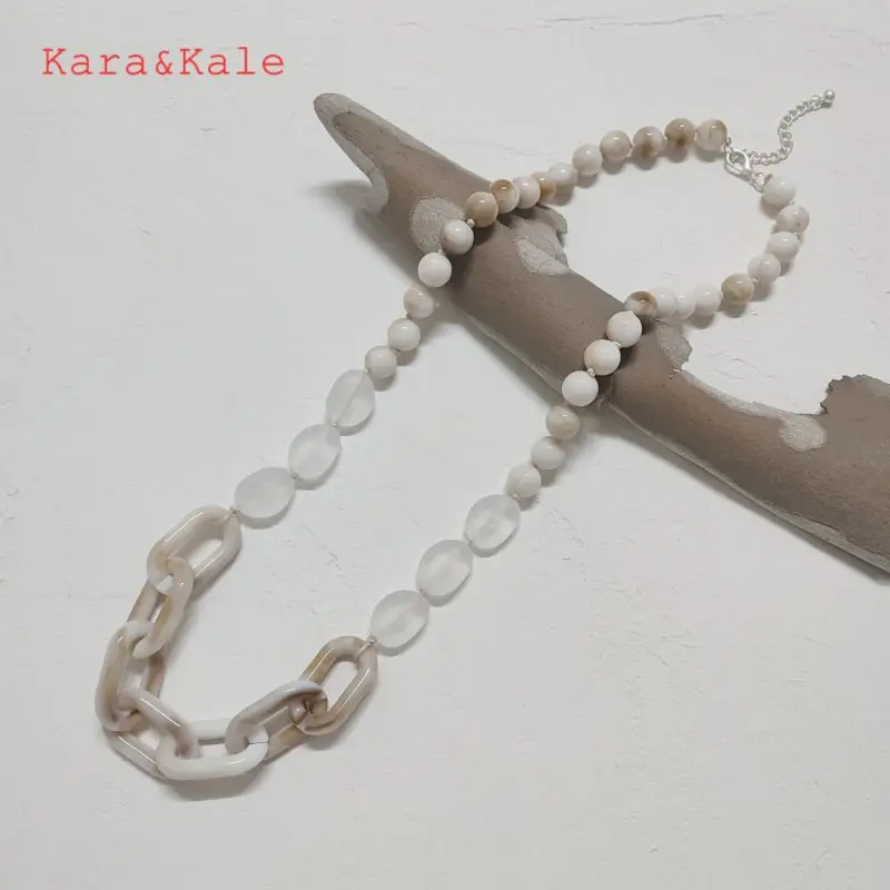 Kara&Kale Fashion Necklace Long Handmade Necklace Hand Beaded Acrylic Chains Boho Jewelry Women's Charm Necklace Beige Ethnic