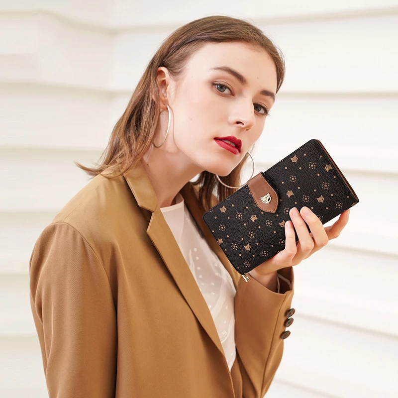 FOXER Women Long Wallet Card & Passport Holder Stylish Clutch Lady Monogram PVC with Wriststrap Cellphone Bag Female Coin Purse