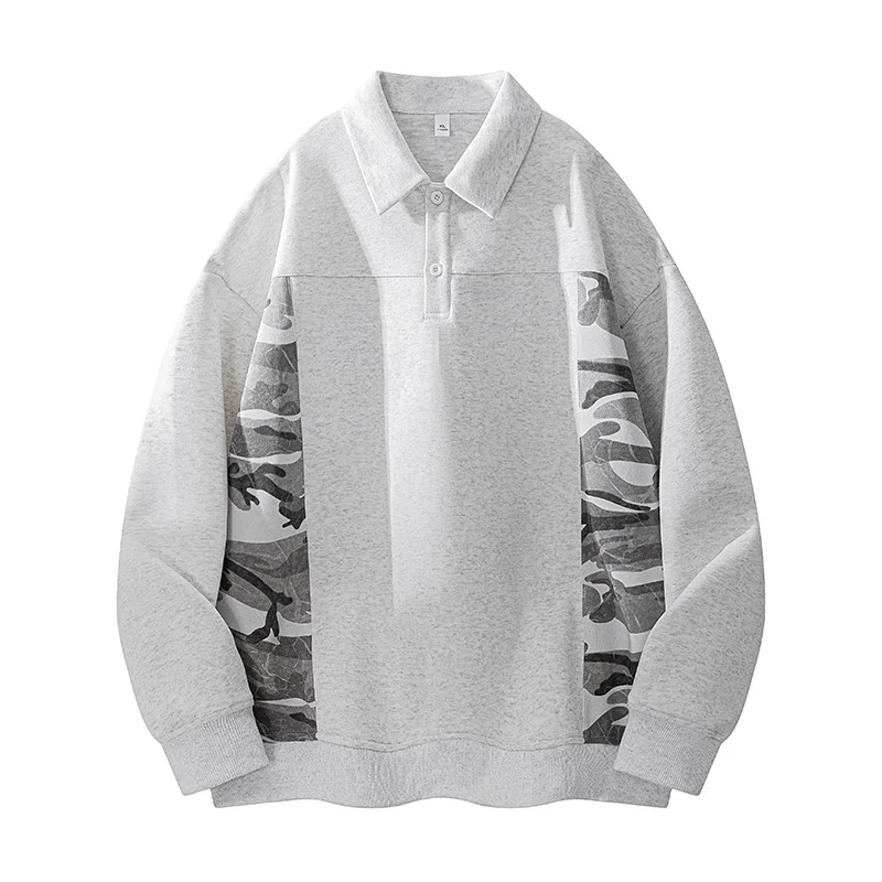 

Мужской свитшот оверсайз с воротником, повседневная толстовка с длинным рукавом, камуфляжный принт, однотонный, в стиле колор-блок, модная уличная одежда