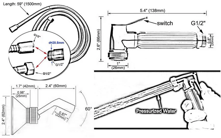 Classical Retro Vintage Brass Bathroom Handheld Clean Pressurized Sprayer & 1.5m Shower Hose & Wall Holder Bracket 2hh111