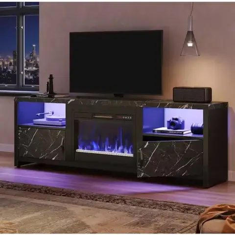 70 in. Black Marble LED TV Stand Fits TV's Up to 75 in. Entertainment Center with Fireplace and Cabinets