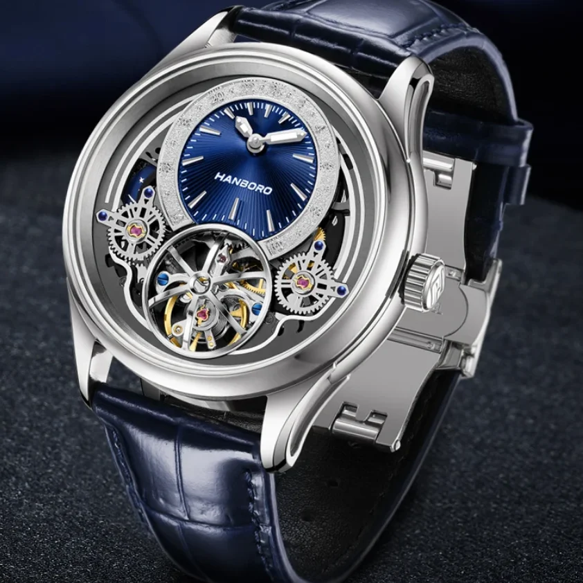 HANBORO Men Automatic Watch 41mm Mechanical Wristwatch 50m Waterproof Sapphire Mirror Luminous Skeleton Flywheel Dial