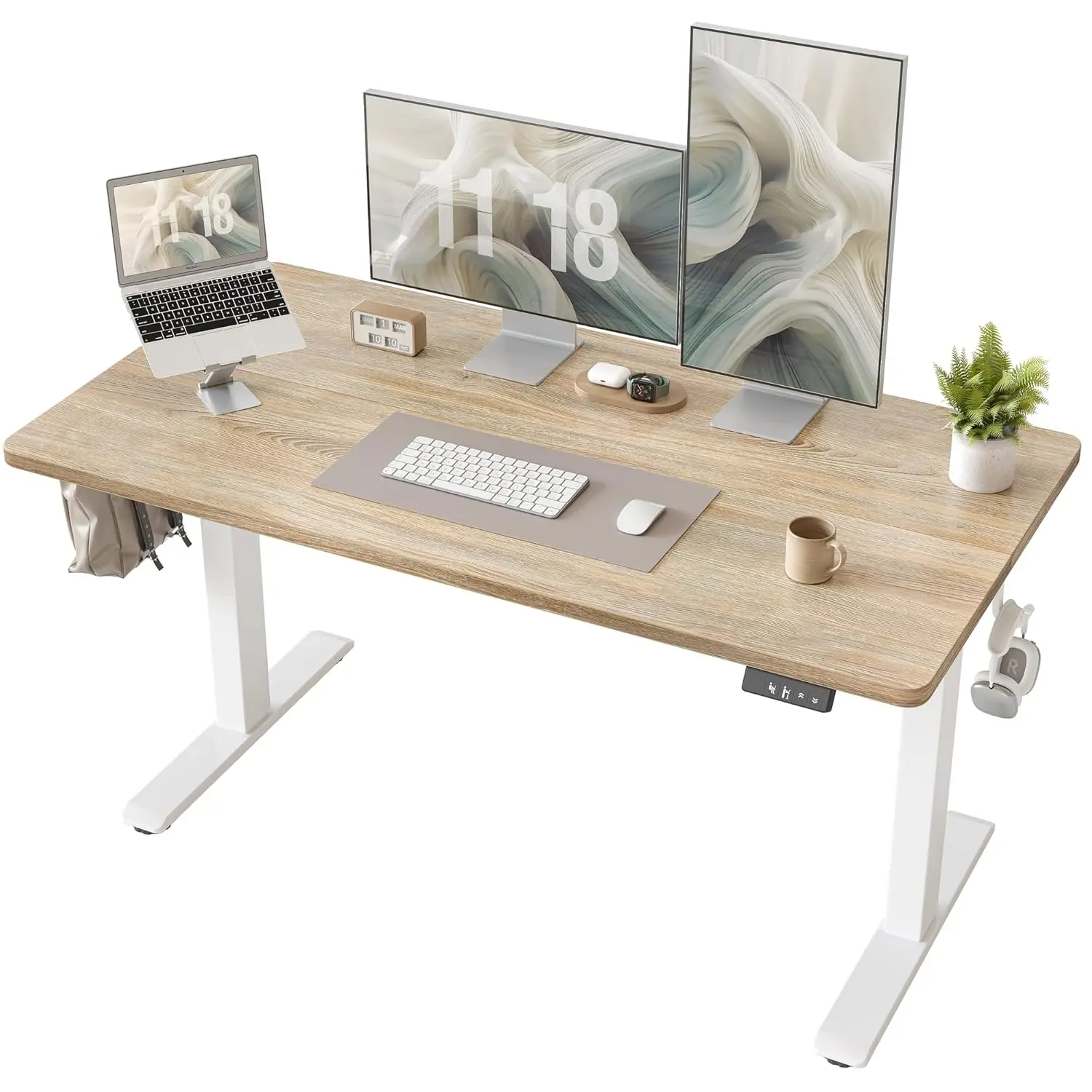 

Electric Height Adjustable Desk 47x24in Sit Stand Memory White Frame Maple Top Workstation, Customized