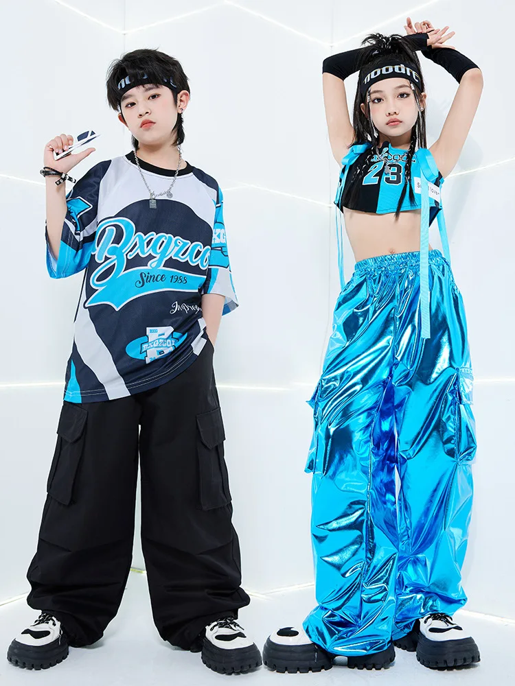 Boys Hip Hop T-shirt PU Leather Shiny Cargo Pants Girls Cool Crop Top Streetwear Kids Street Dance Costumes Child Jazz Clothes