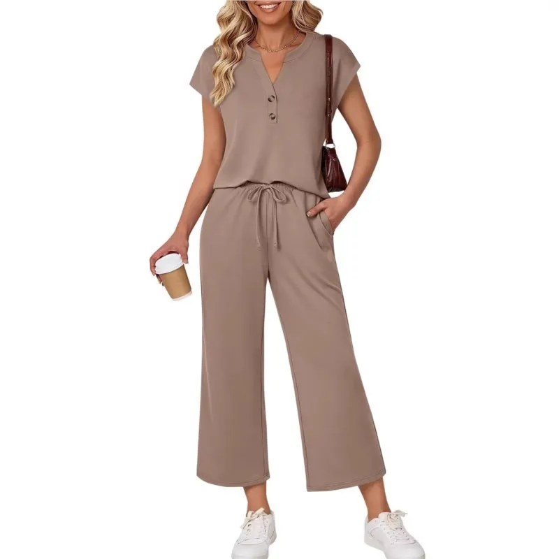

Simple Solid Color Office Two-piece Set Women's Summer Fashion V-neck Short Sleeved Loose Top+pants Suit Ladies Basic Streetwear