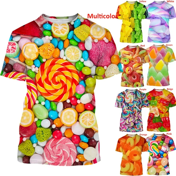 

Summer new fashion rainbow candy 3D printing T-shirt Men short-sleeved Interesting Gummy Round Neck tees tops