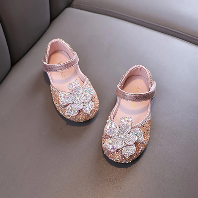 Autumn Girls Sequins Bow Leather Shoes Children Wedding Sandals Kids Crystal Single Princess Shoes J389