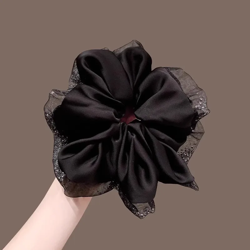 Premium Large Satin Scrunchie Retro French Casual Style Soft Elastic Ponytail Holder for Women Black Daily Non Slip