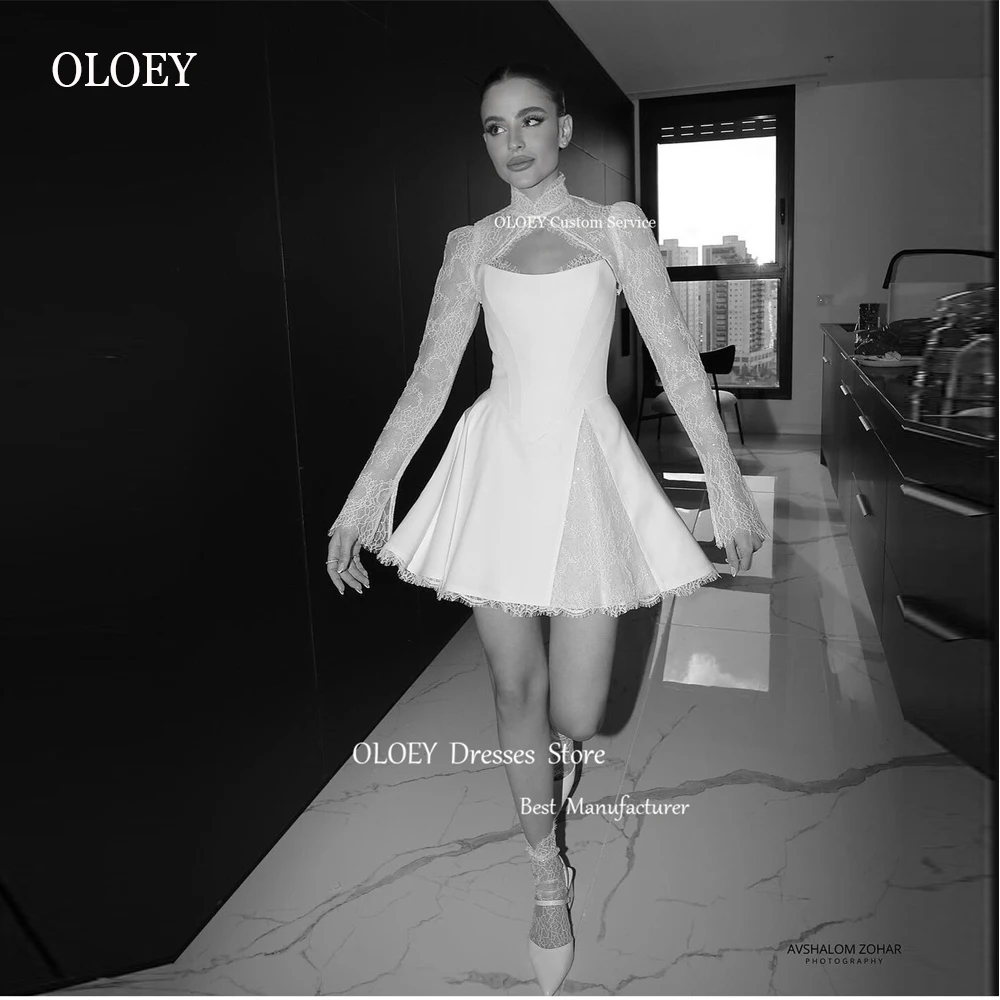 OLOEY 2025 Short A Line Wedding Dresses With Jacket Long Sleeves High Neck Mini Bridal Gowns Robe de mariage Party Dress