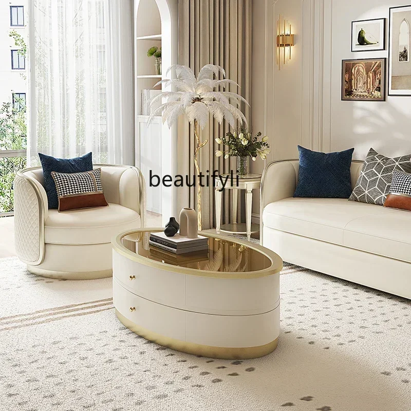 

Simple glass coffee table Round living room Modern wabi-sabi style Simple storage American light luxury solid wood tea table